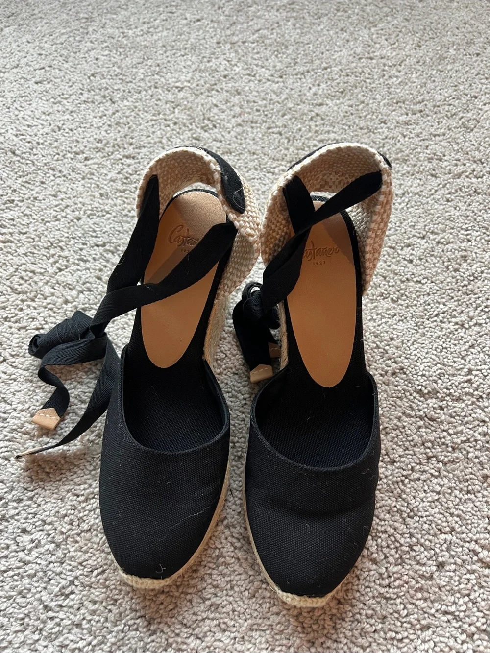 Castaner Black Canvas Espadrille Wedges with Ankle Wrap